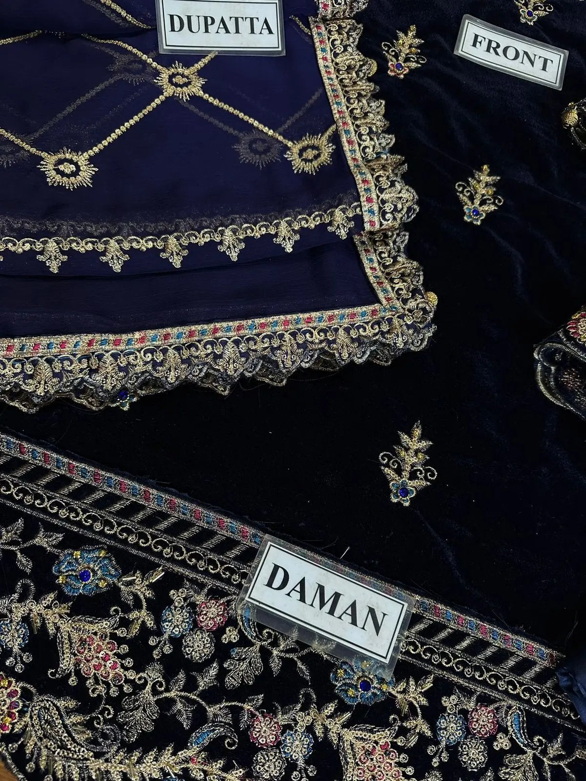 Emaan Adeel Velvet Unstitched Replica – Embroidered Chiffon Dupatta & Satin Silk Trouser