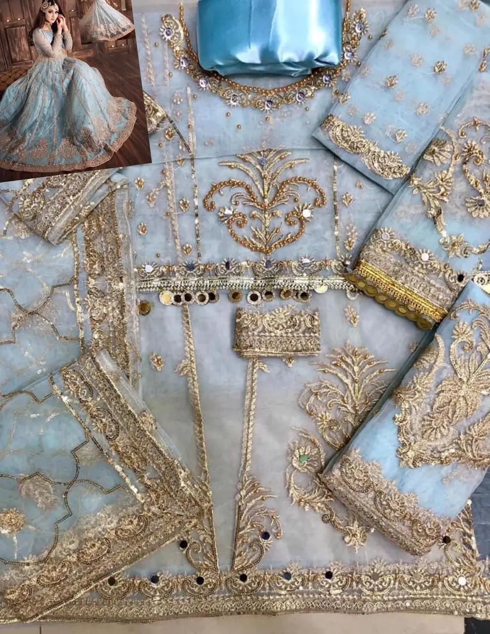 Hira Mani Ruedad e Sahr-A Blush Net Embroidered Long Frock – Mirror Work with Silk Trouser & Sequence Dupatta