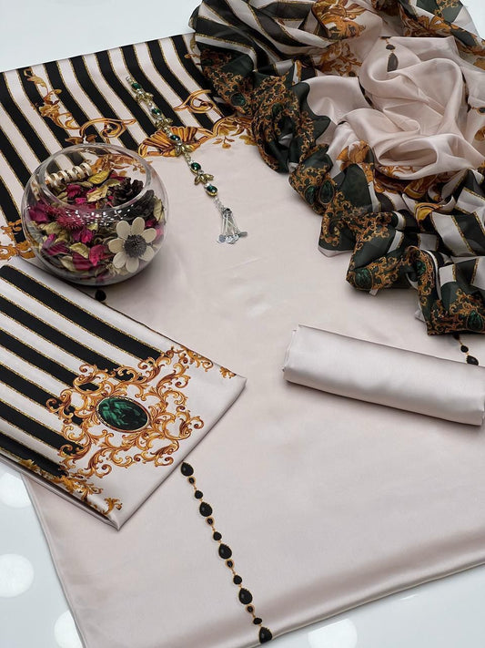 3PC Shamooz Silk Digital Printed Suit – Luxury Silk Shirt, Trouser & Dupatta for Women