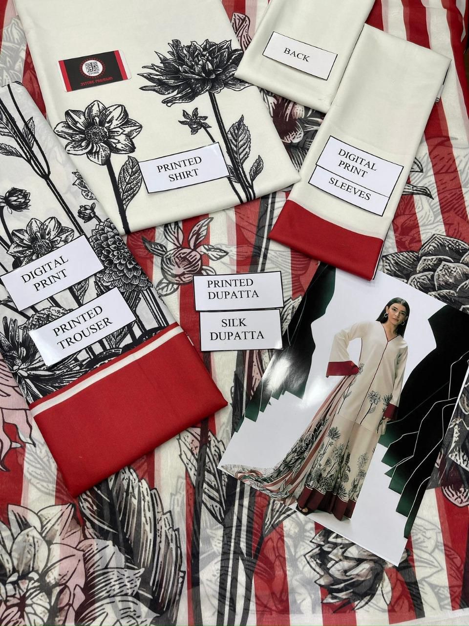 3PC Shamooz Silk Digital Printed Suit – Premium Silk Shirt, Trouser & Dupatta Set for Women