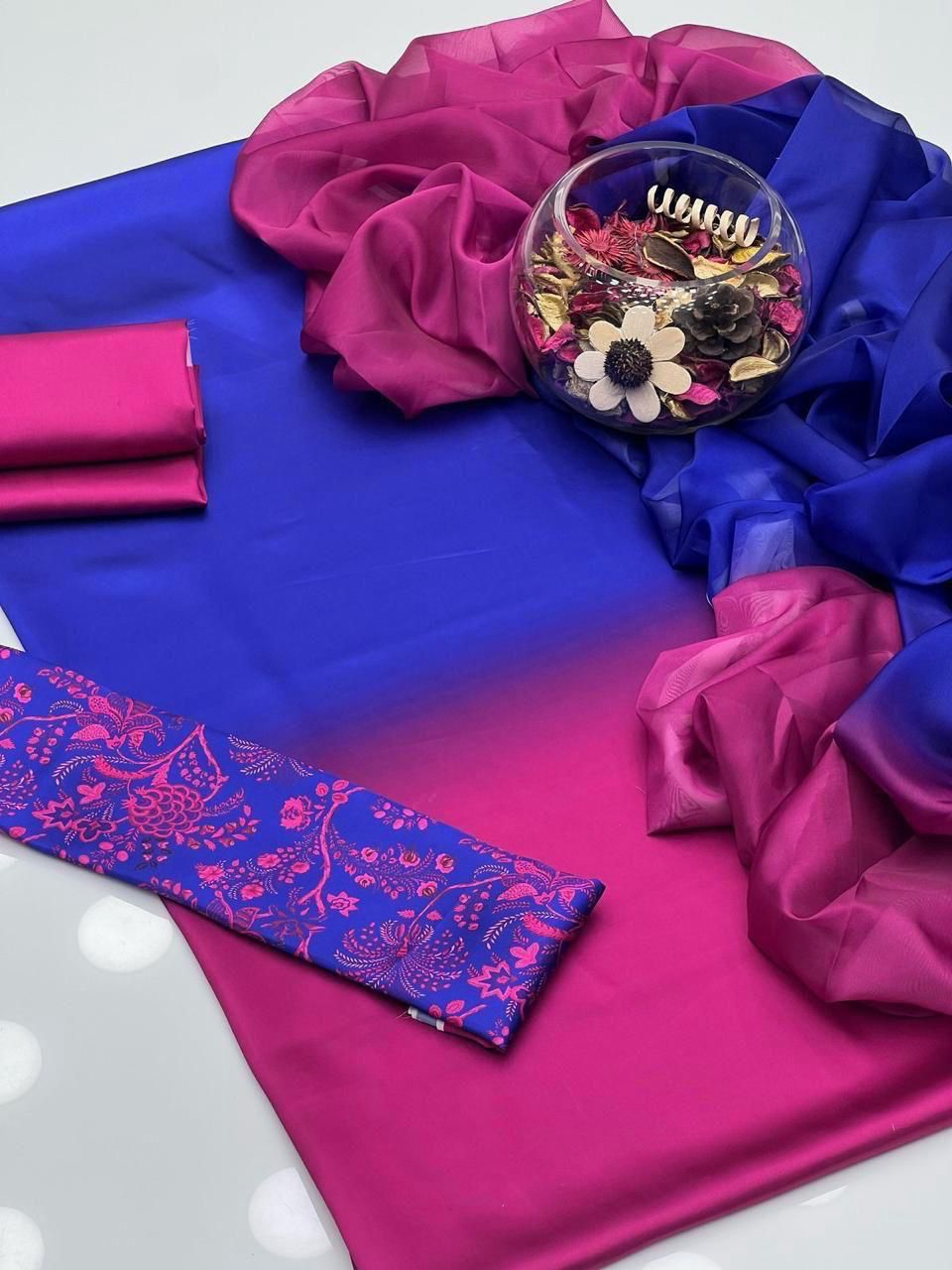 Digital Printed 3PC Shamooz Silk Suit – Luxury Silk Shirt, Trouser & Dupatta Set