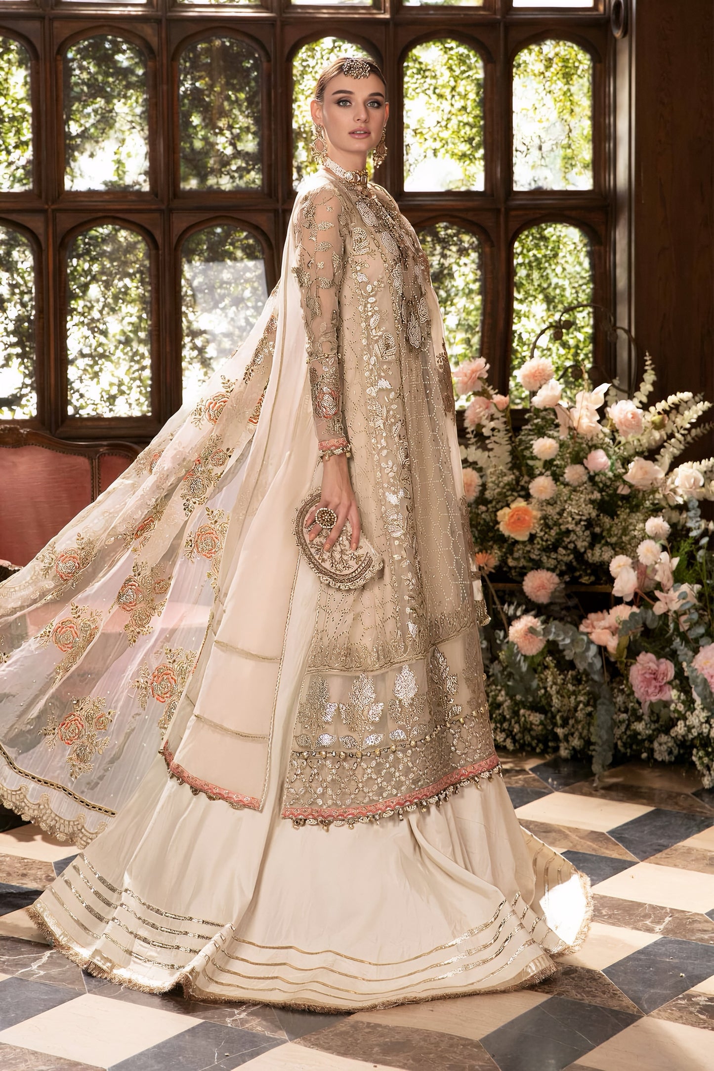 Maria B Wedding Collection Organza Embroidered Spengle Work Suit – Hand Embellished Adda Work & Satin Silk Trouser