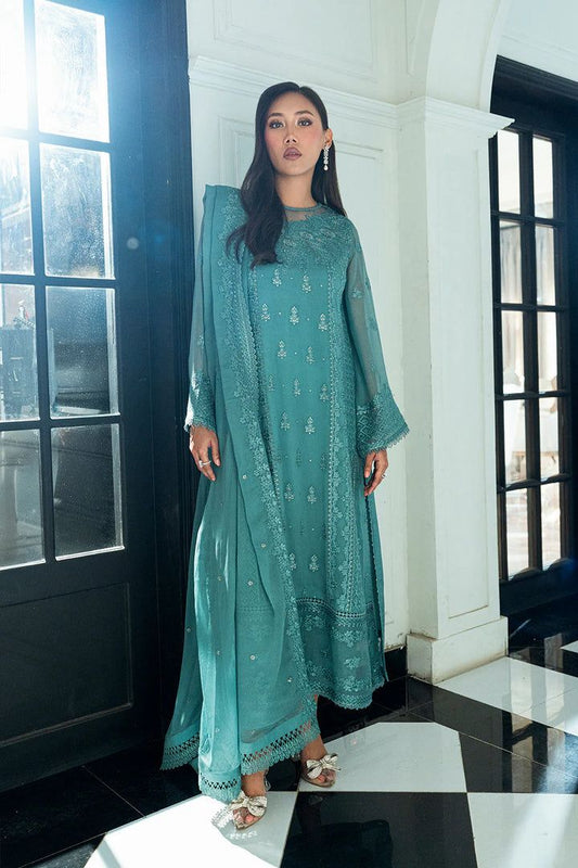 Azure Unstitched Replica Chiffon Suit – Sequence Embroidered Dress with Malai Trouser