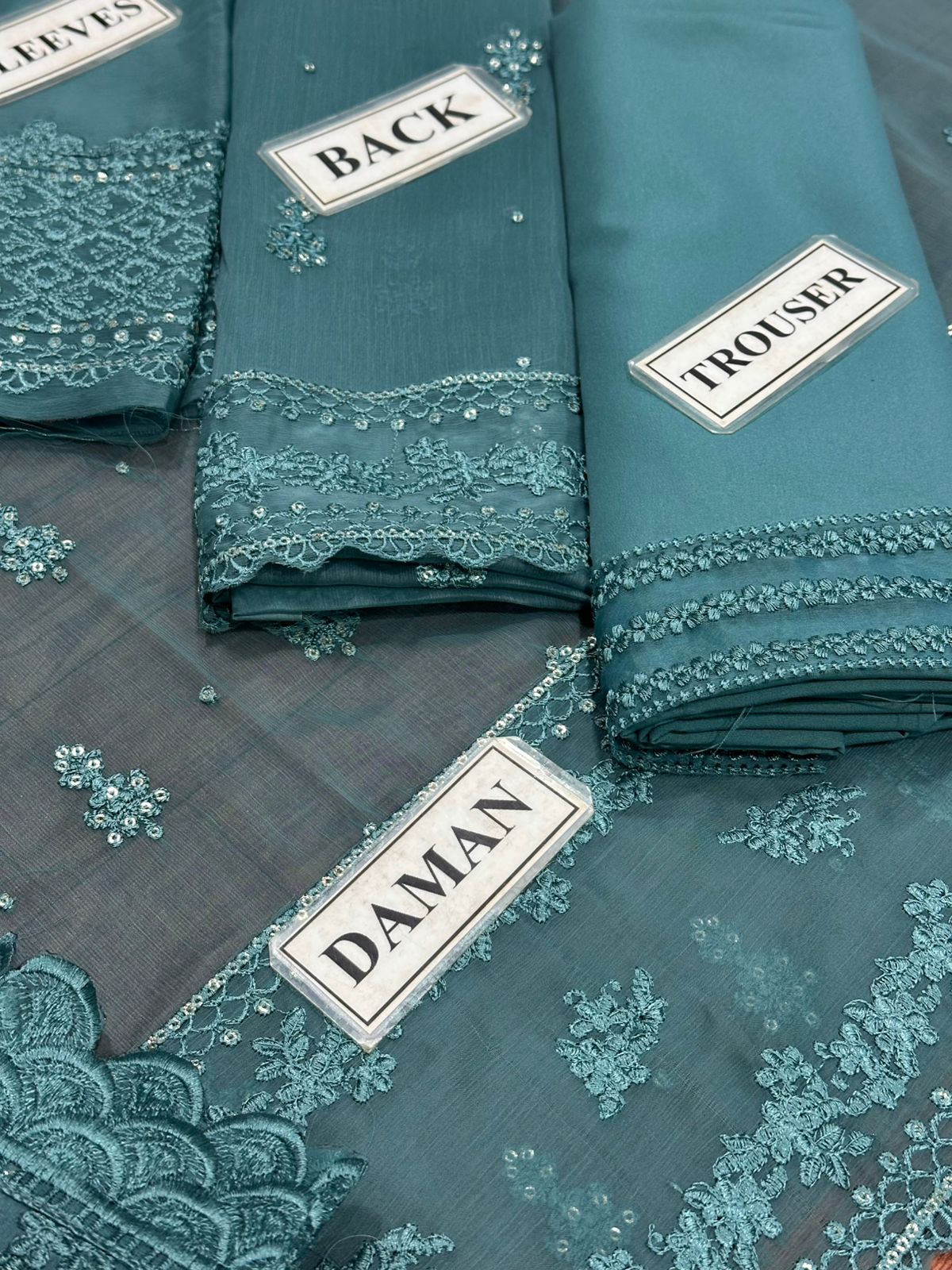 Azure Unstitched Replica Chiffon Suit – Sequence Embroidered Dress with Malai Trouser