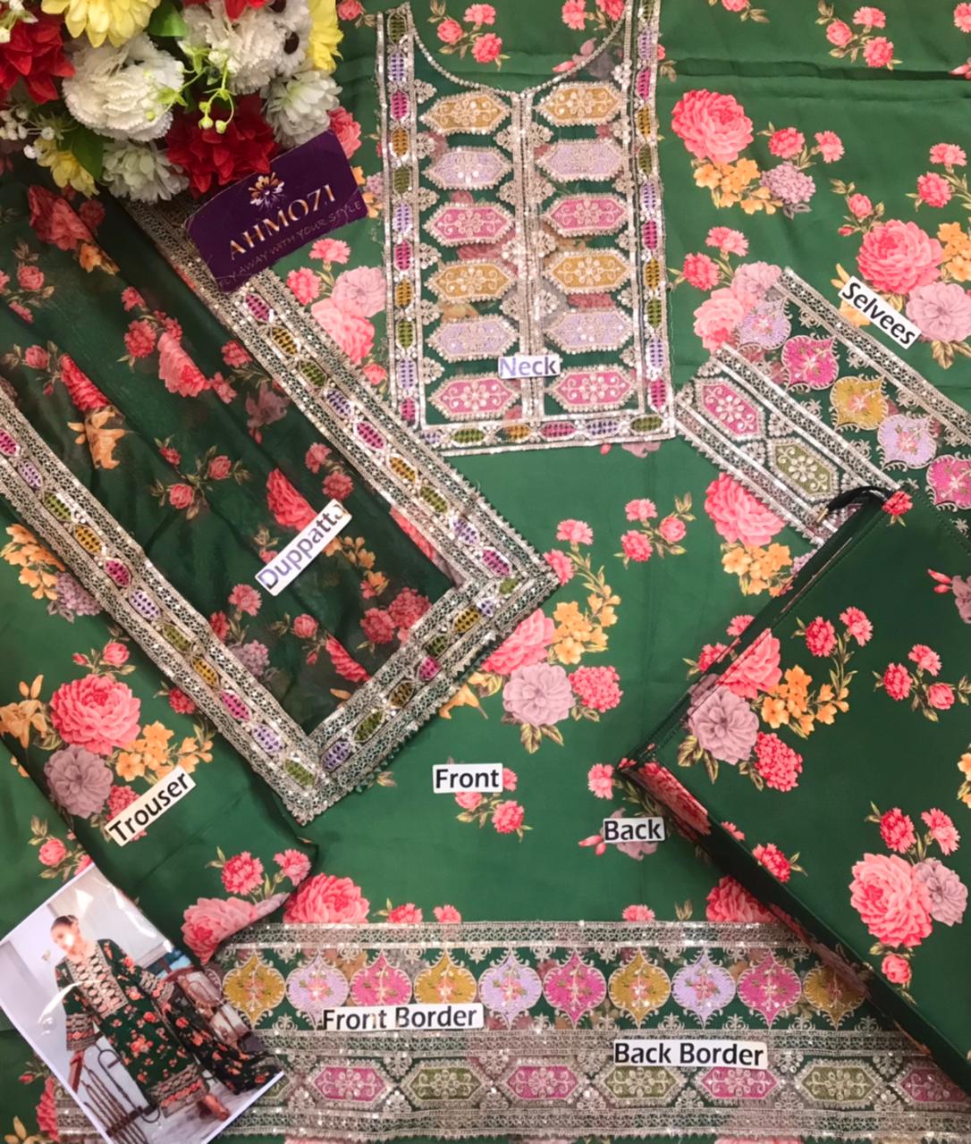 Ahmozi Aneelas Collection Unstitched 3-Piece Suit – Heavy Embroidered Shmoz Silk Shirt & Dupatta