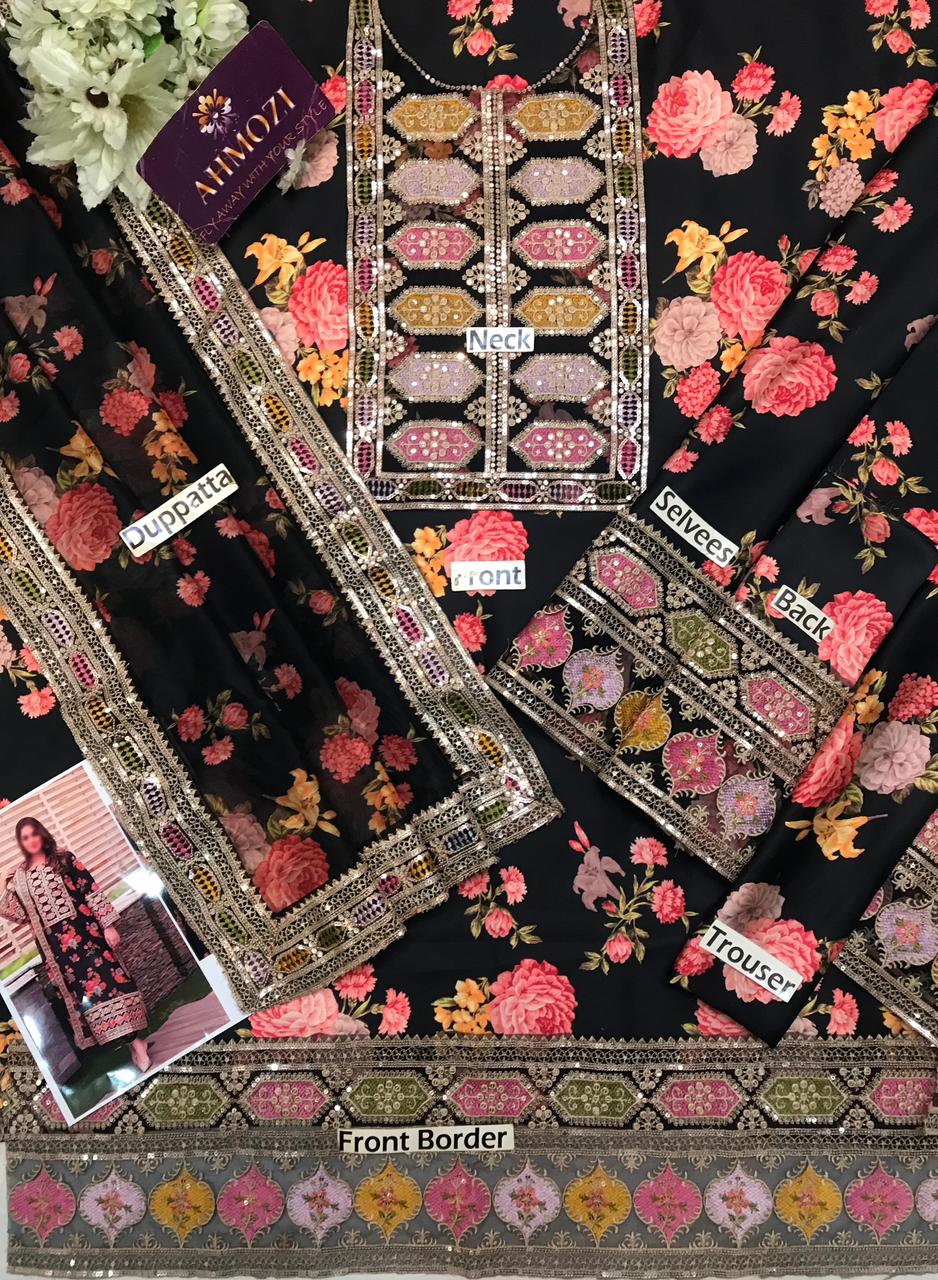 Ahmozi Aneelas Collection Unstitched 3-Piece Suit – Heavy Embroidered Shmoz Silk Shirt & Dupatta