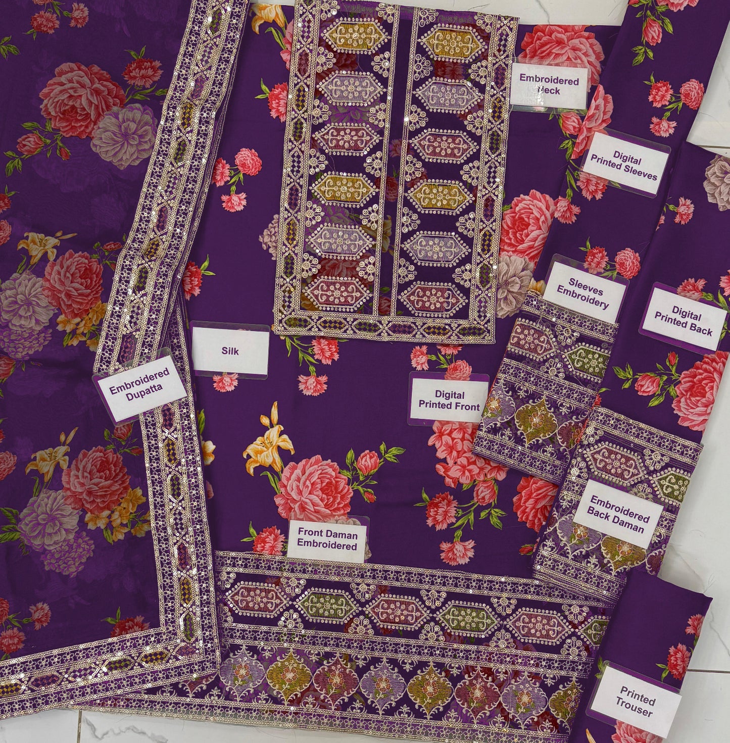 Ahmozi Aneelas Collection Unstitched 3-Piece Suit – Heavy Embroidered Shmoz Silk Shirt & Dupatta