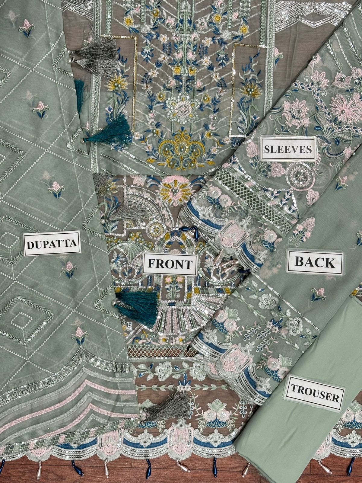 Ahmozi Adan Libas Suit – Fully Heavy Embroidered Chiffon Front with Pearls & Shamoz Silk Trouser