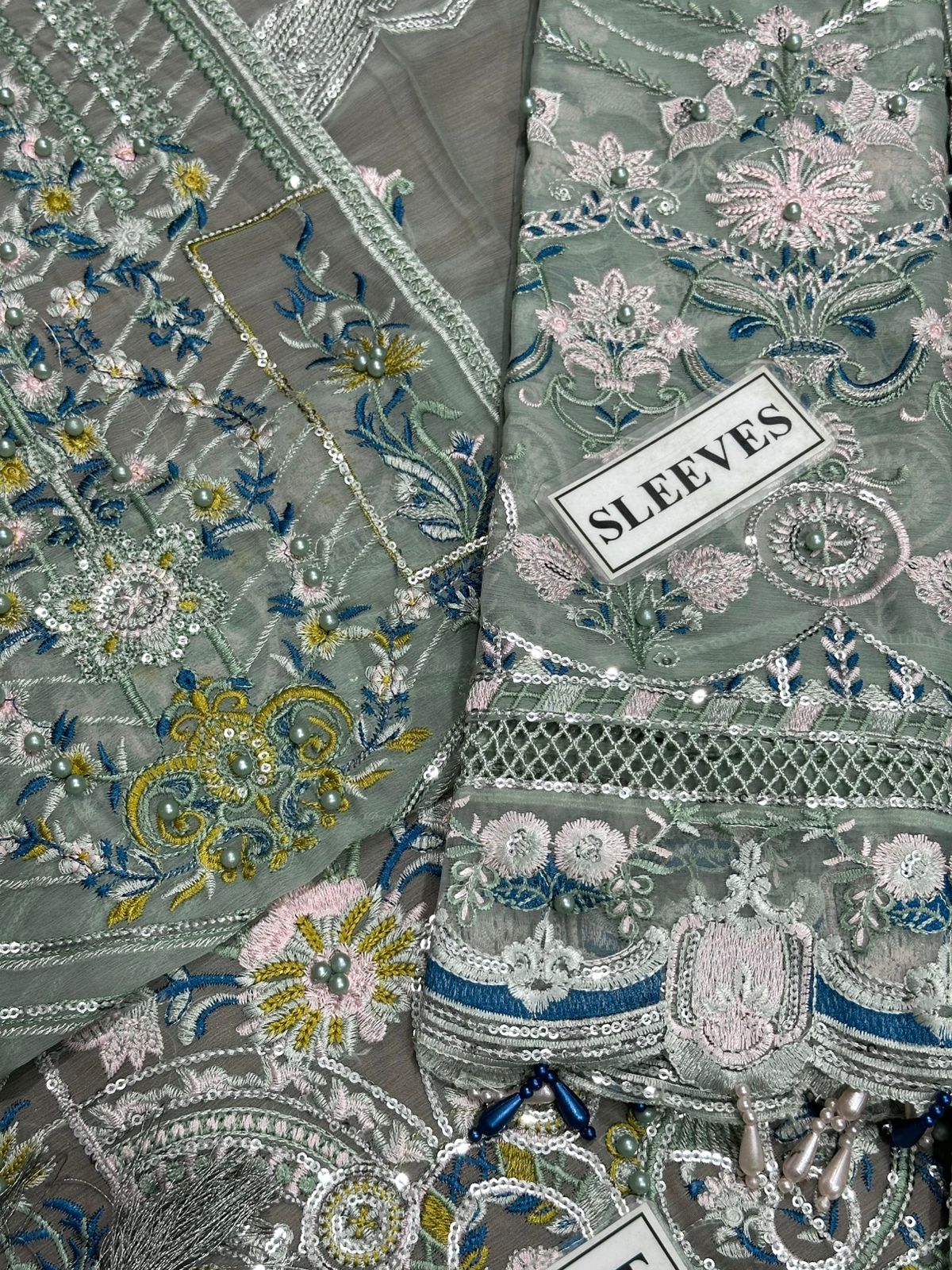 Ahmozi Adan Libas Suit – Fully Heavy Embroidered Chiffon Front with Pearls & Shamoz Silk Trouser