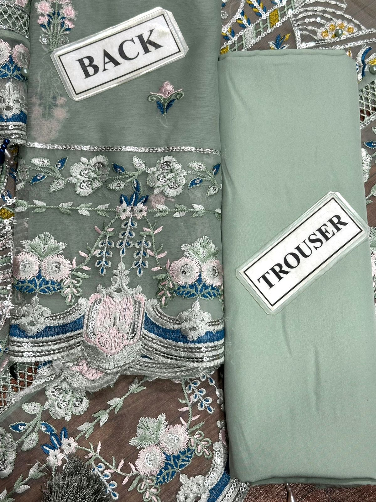 Ahmozi Adan Libas Suit – Fully Heavy Embroidered Chiffon Front with Pearls & Shamoz Silk Trouser