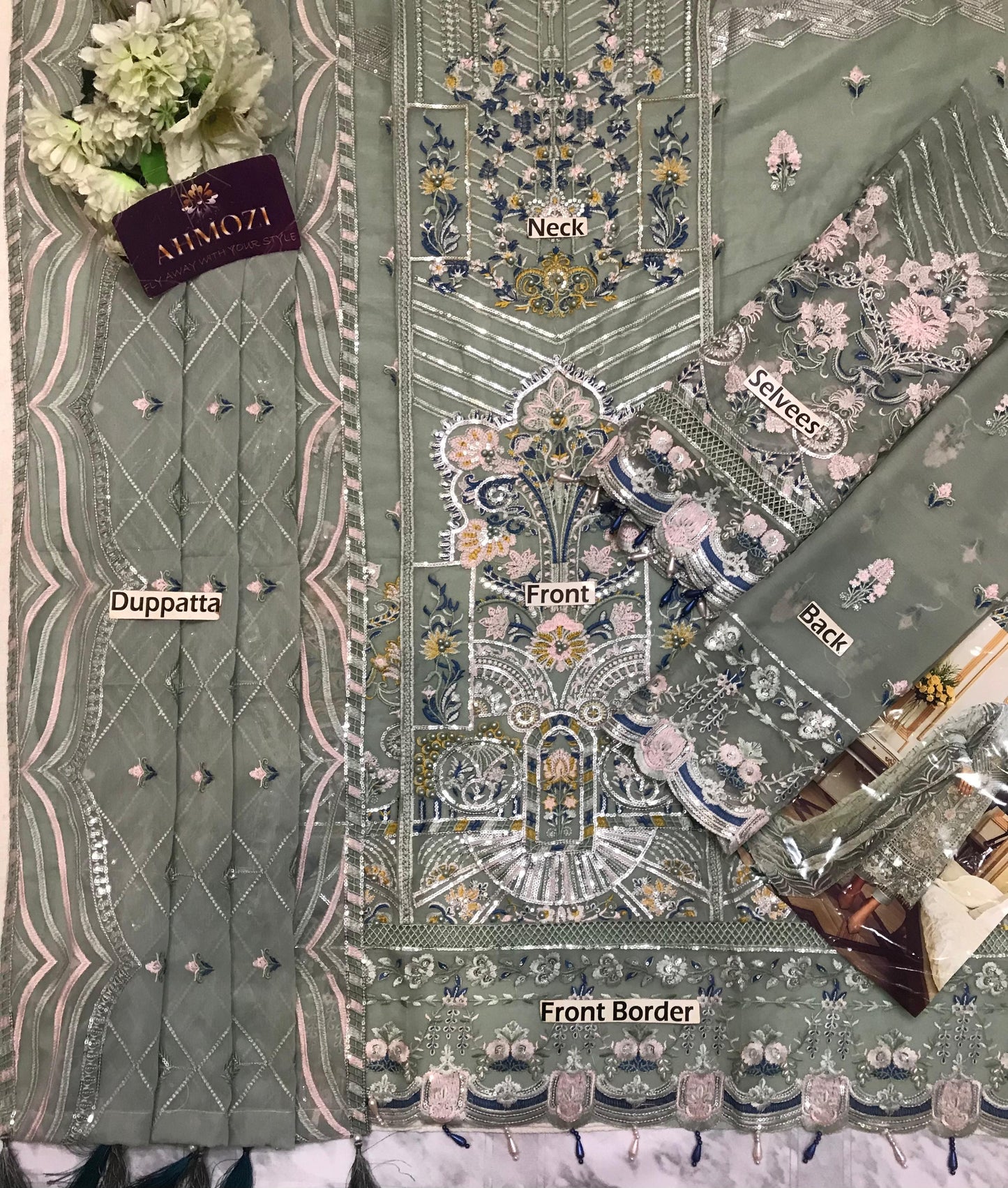 Ahmozi Adan Libas Suit – Fully Heavy Embroidered Chiffon Front with Pearls & Shamoz Silk Trouser