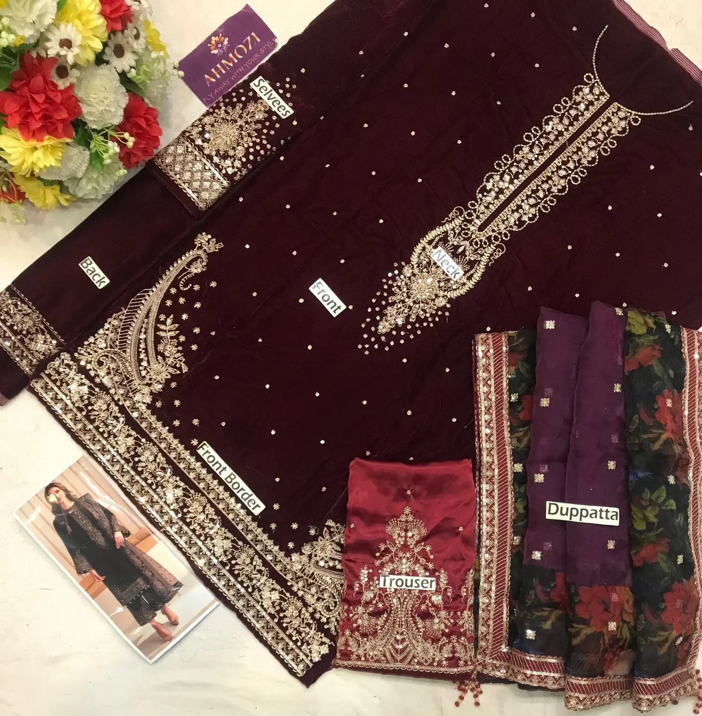 Jazmine Velvet Embroidered Unstitched 3-Piece Suit – Organza Dupatta & Silk Trouser