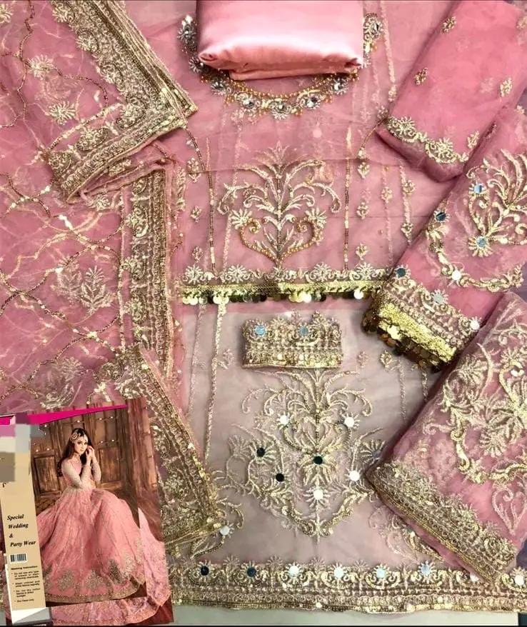 Hira Mani Ruedad e Sahr-A Blush Net Embroidered Long Frock – Mirror Work with Silk Trouser & Sequence Dupatta