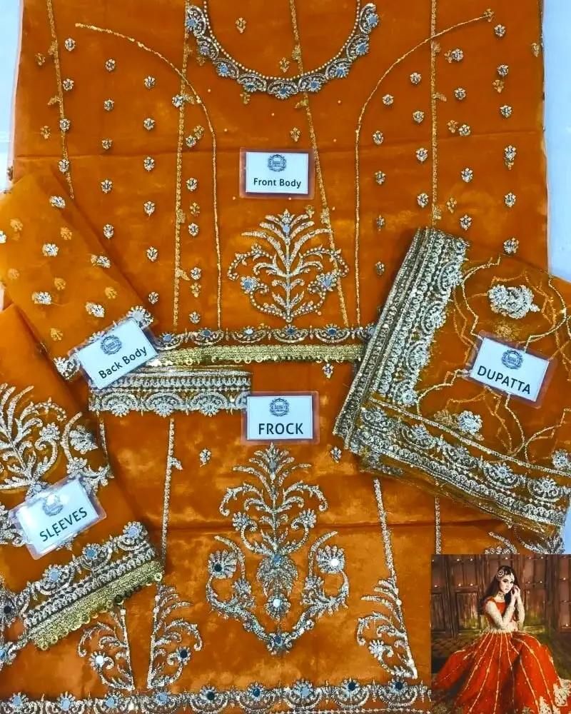 Hira Mani Ruedad e Sahr-A Blush Net Embroidered Long Frock – Mirror Work with Silk Trouser & Sequence Dupatta