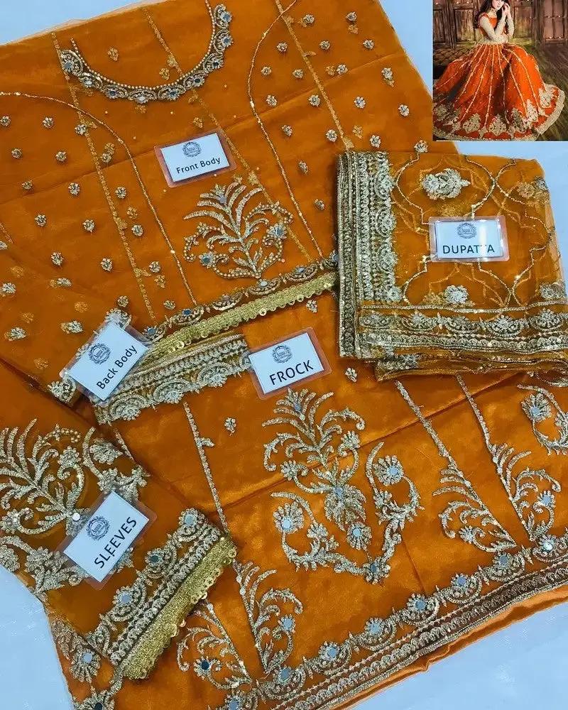 Hira Mani Ruedad e Sahr-A Blush Net Embroidered Long Frock – Mirror Work with Silk Trouser & Sequence Dupatta