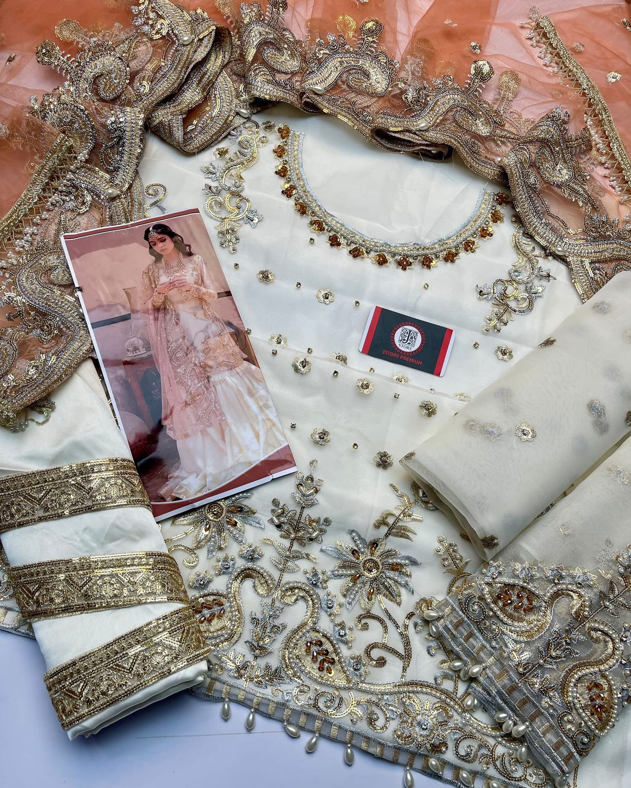 Nameera Wedding Wear – Full Organza Embroidered Dress with Net Dupatta & Silk Trouser