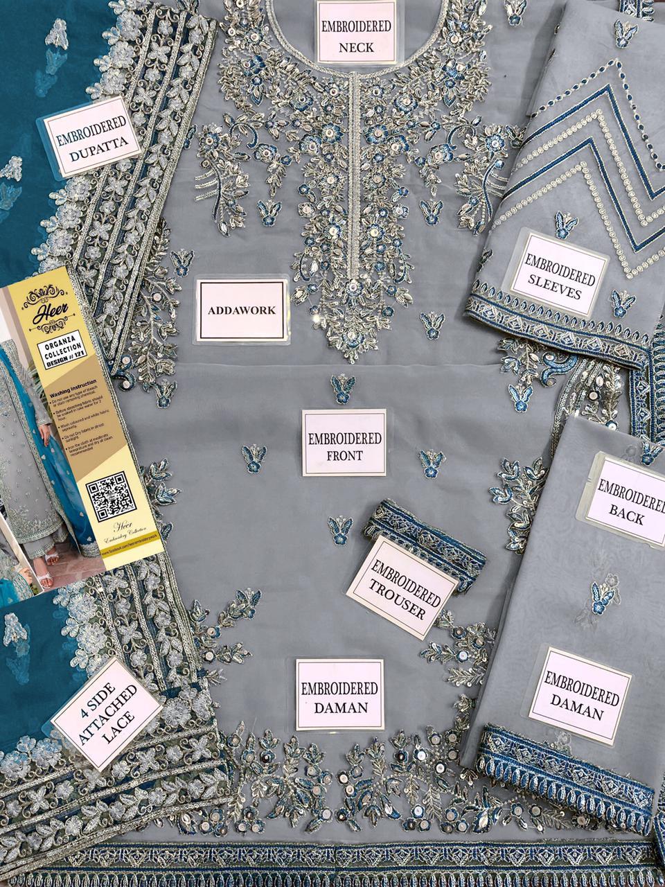 Heer Collection Wedding Design #121 – Heavy Embroidered Organza Dress with Adda Work & Malai Trouser