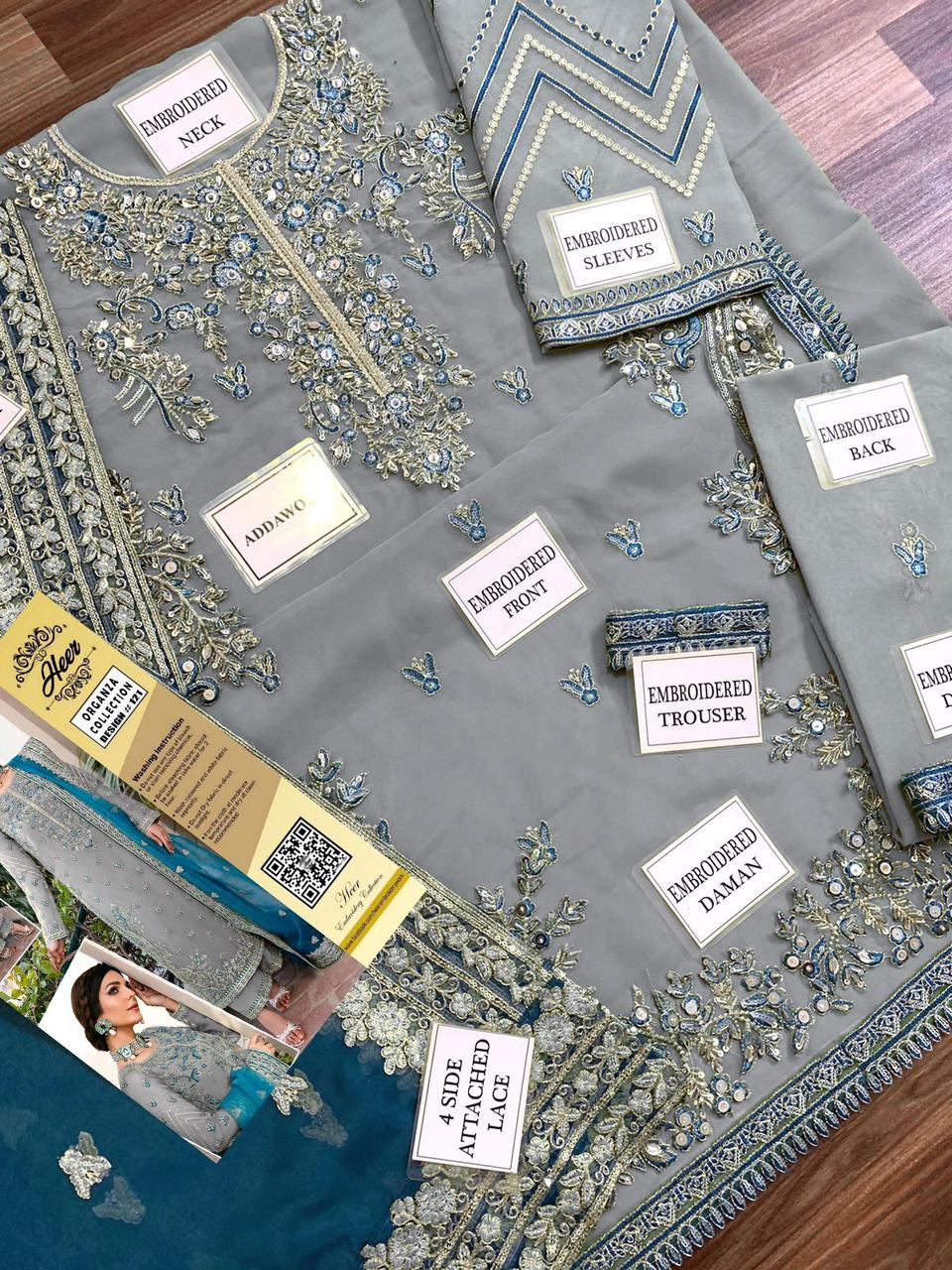 Heer Collection Wedding Design #121 – Heavy Embroidered Organza Dress with Adda Work & Malai Trouser