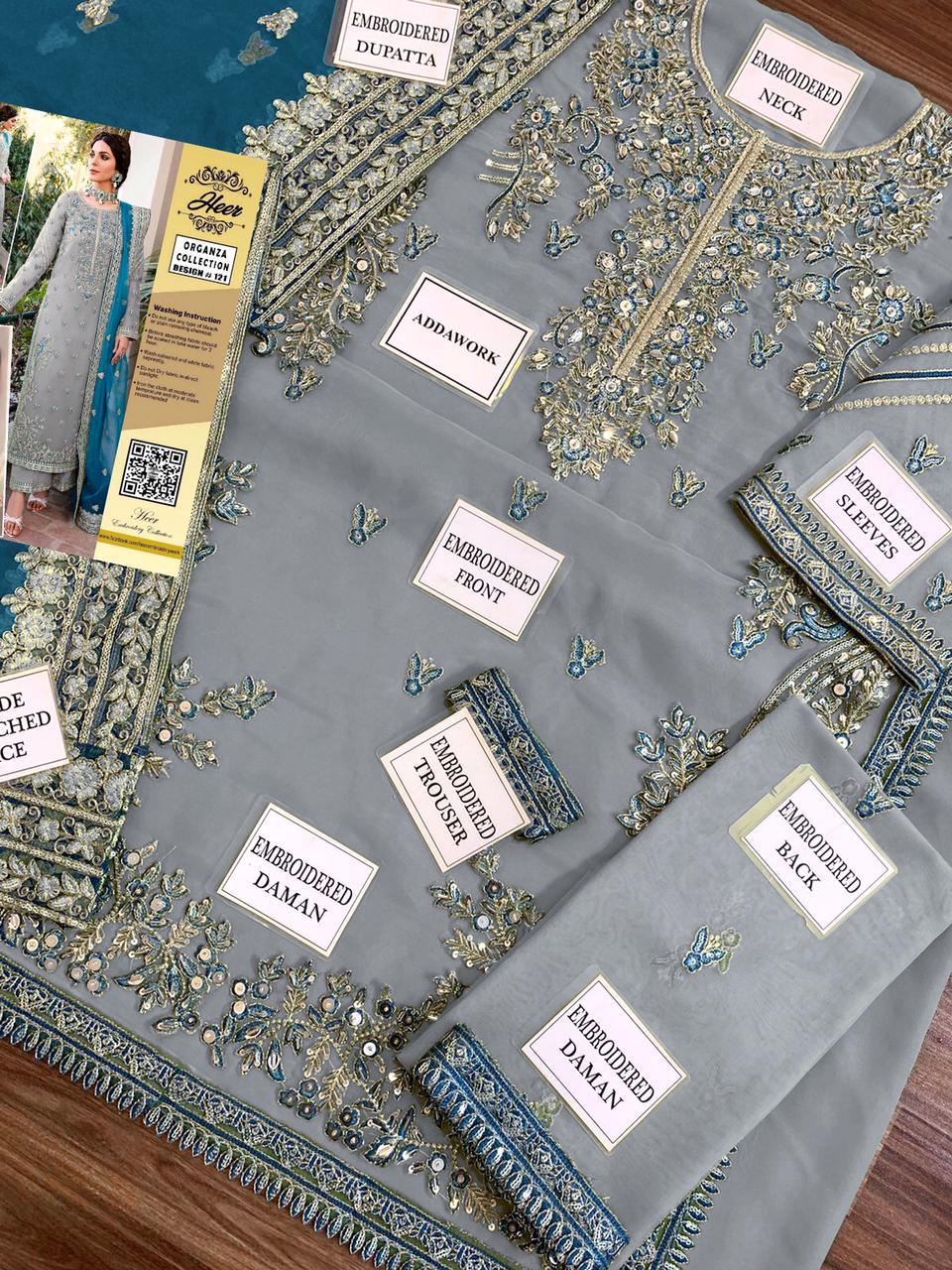 Heer Collection Wedding Design #121 – Heavy Embroidered Organza Dress with Adda Work & Malai Trouser