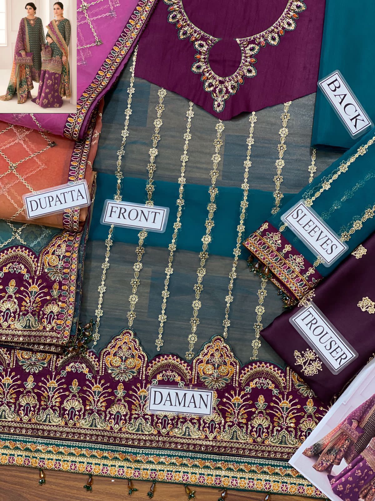 Baroque Organza Embroidered Suit – Full Sequence & Adda Work Dress with Double Shaded Dupatta & Shamooz Silk Trouser