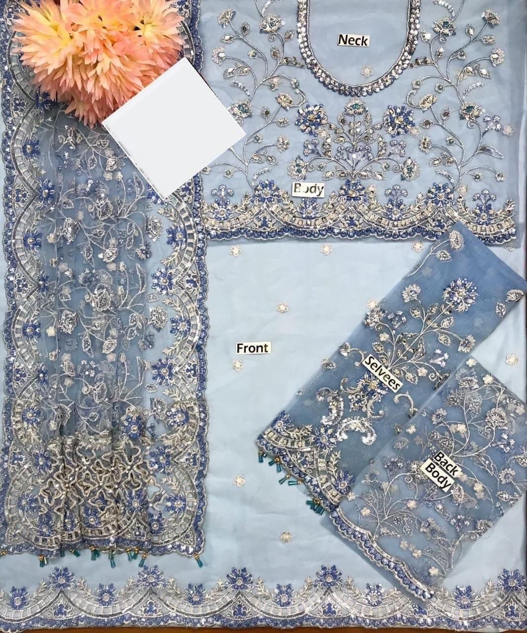 Maria B Heavy Embroidered Net Saree – Master Blaster Saree with Adda Work, Cut Work Borders & Silk Petticoat