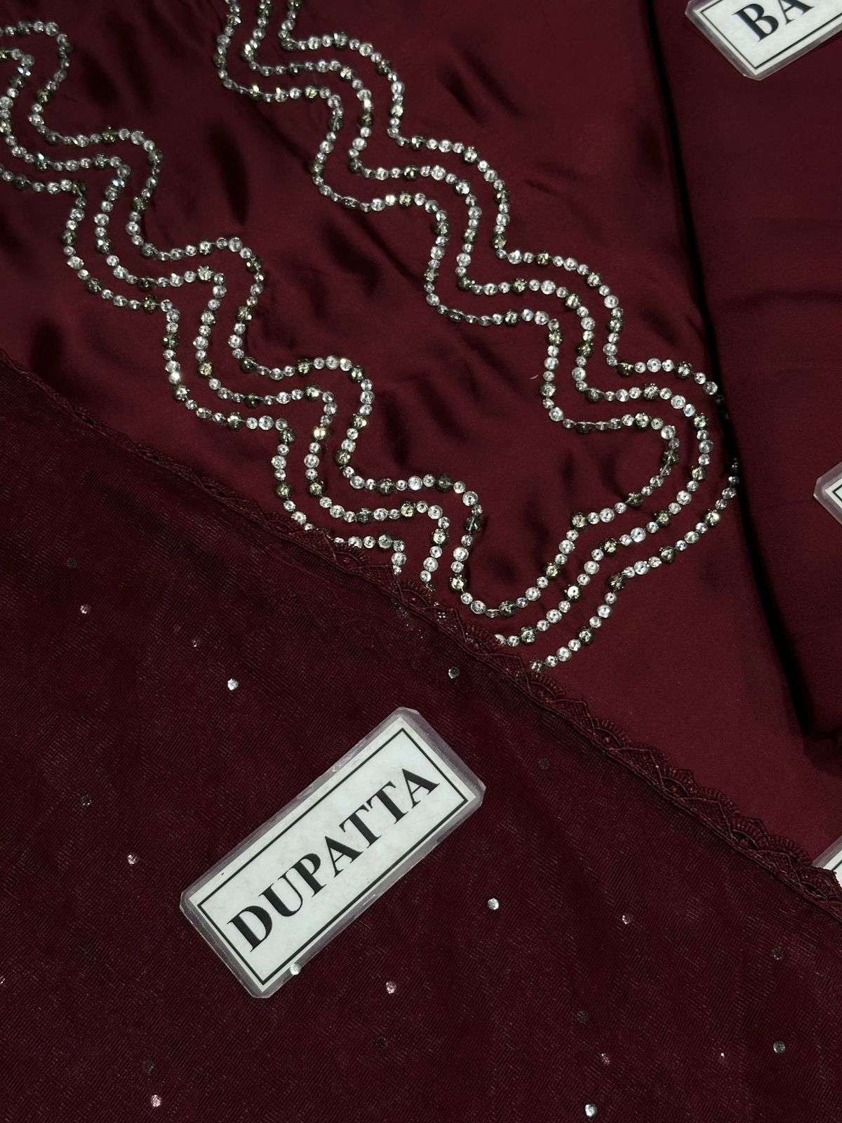 Lulusar Silk Suit with Net Dupatta – Elegant Heavy Stone Work Dress with 4-Sided Lace Dupatta