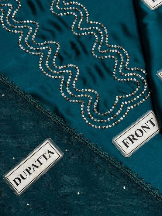 Lulusar Silk Suit with Net Dupatta – Elegant Heavy Stone Work Dress with 4-Sided Lace Dupatta