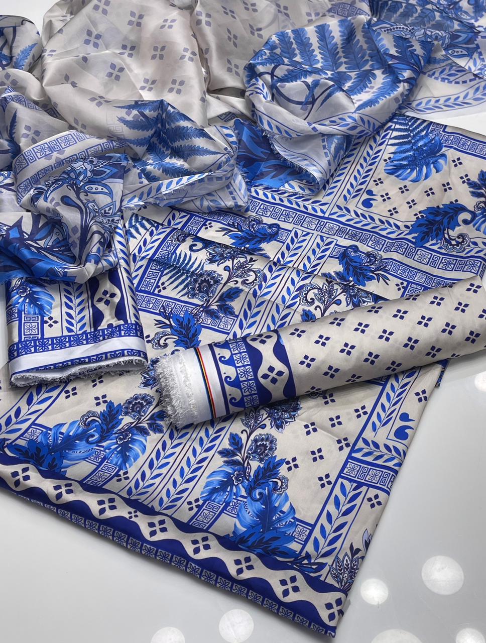 3PC Shamooz Silk Digital Printed Suit – Premium Silk Shirt, Trouser & Dupatta Collection