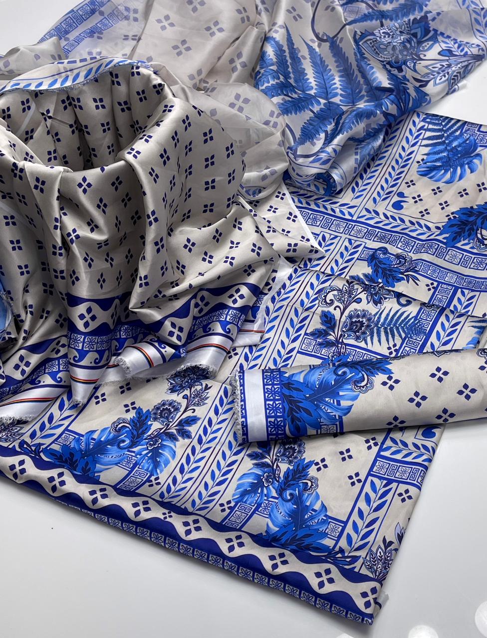 3PC Shamooz Silk Digital Printed Suit – Premium Silk Shirt, Trouser & Dupatta Collection