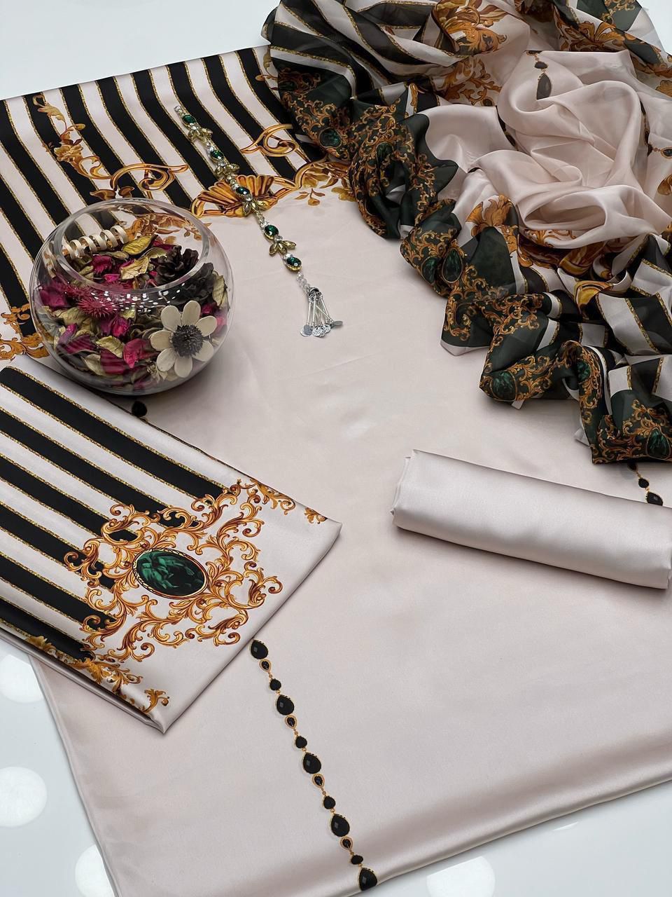 3PC Shamooz Silk Digital Printed Suit – Luxury Silk Shirt, Trouser & Dupatta for Women