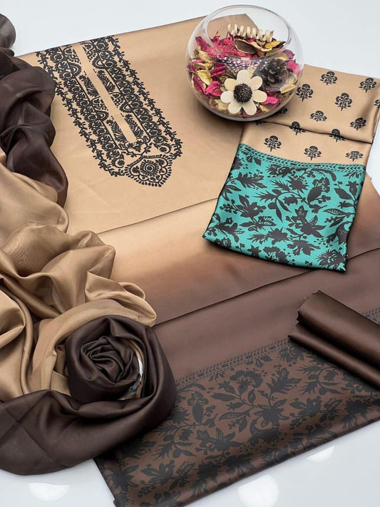 Digital Printed 3PC Shamooz Silk Suit – Luxury Silk Shirt, Trouser & Dupatta Set