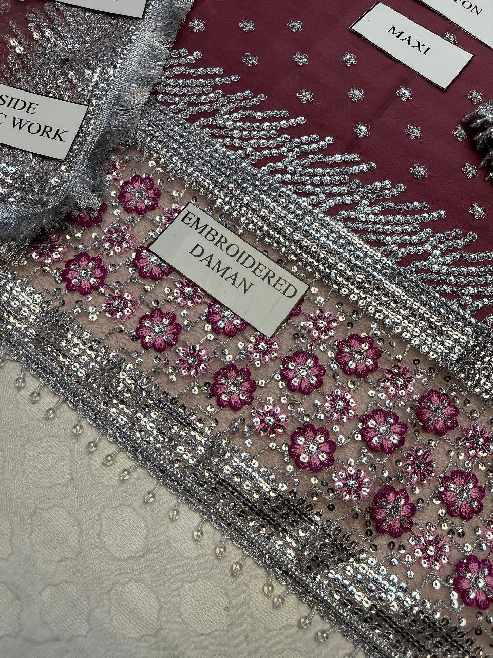 Jazmin Chiffon Embroidered Sequence Maxi – Net Dupatta & Silk Trouser | Luxury Formal Wear 2025