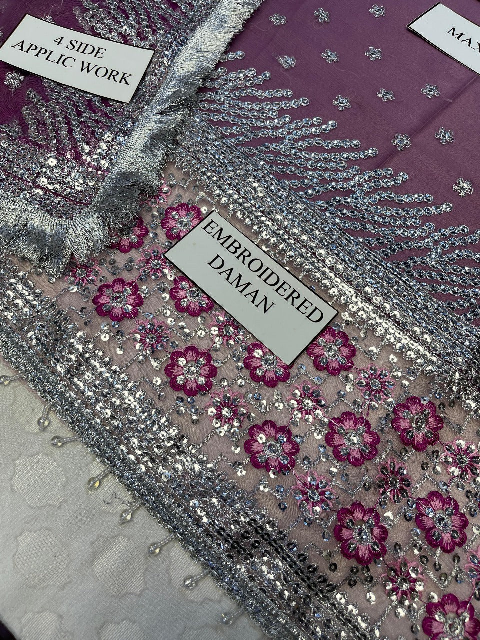 Jazmin Chiffon Embroidered Sequence Maxi – Net Dupatta & Silk Trouser | Luxury Formal Wear 2025