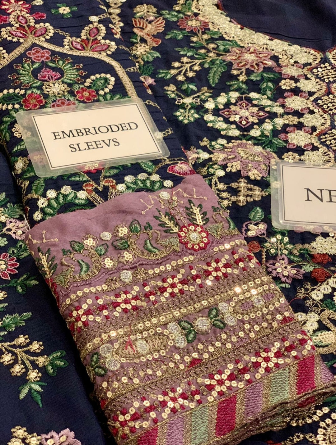 Barouq Chanttel Raw Silk Embroidered Spengle Work Suit – Heavy Embroidered Organza Dupatta & Raw Silk Trouser