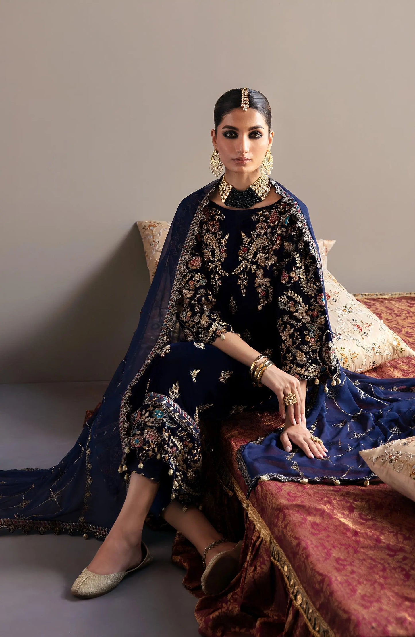 Emaan Adeel Velvet Unstitched Replica – Embroidered Chiffon Dupatta & Satin Silk Trouser