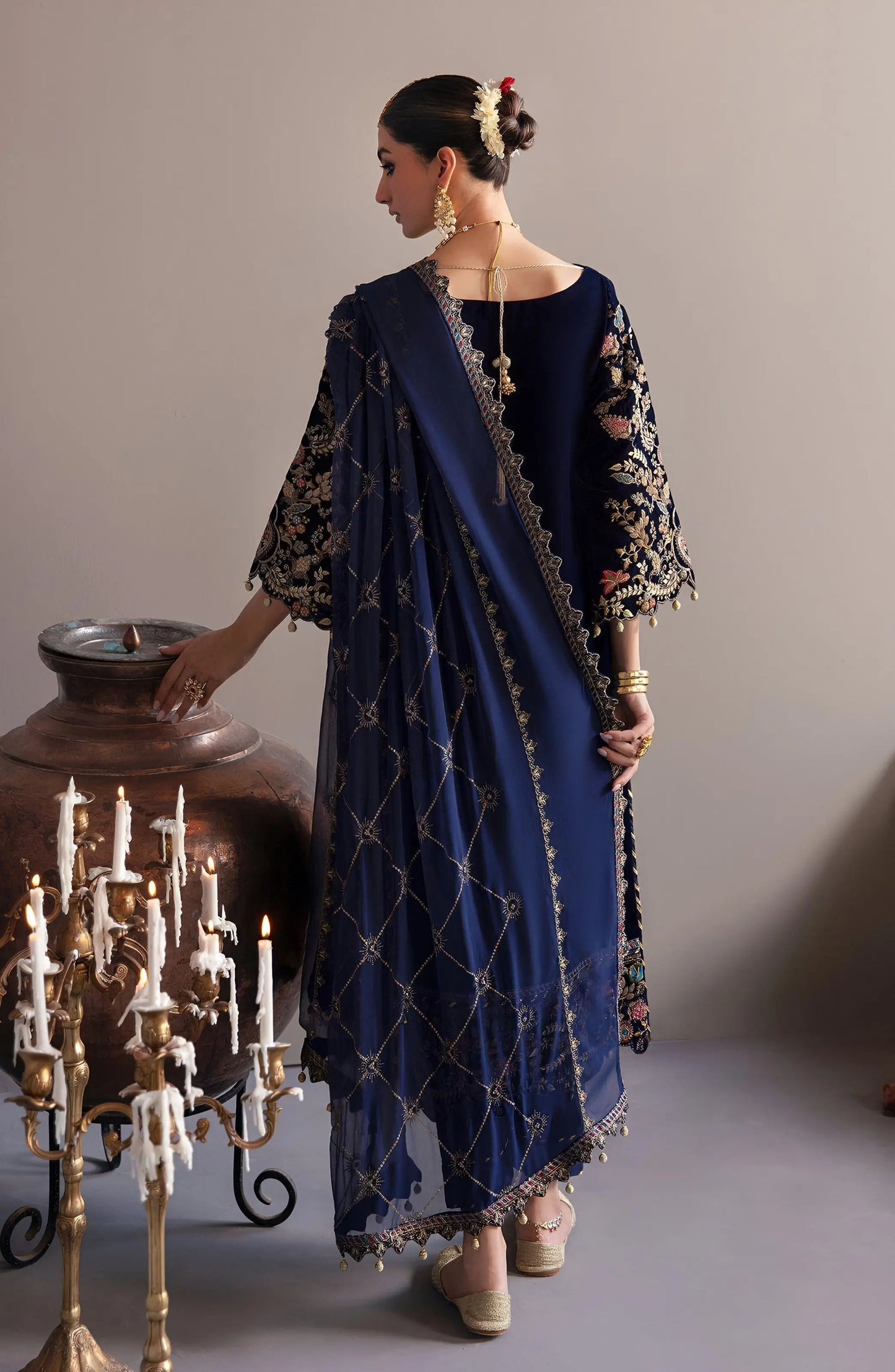 Emaan Adeel Velvet Unstitched Replica – Embroidered Chiffon Dupatta & Satin Silk Trouser