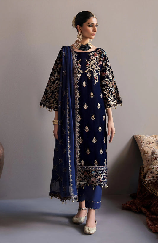 Emaan Adeel Velvet Unstitched Replica – Embroidered Chiffon Dupatta & Satin Silk Trouser