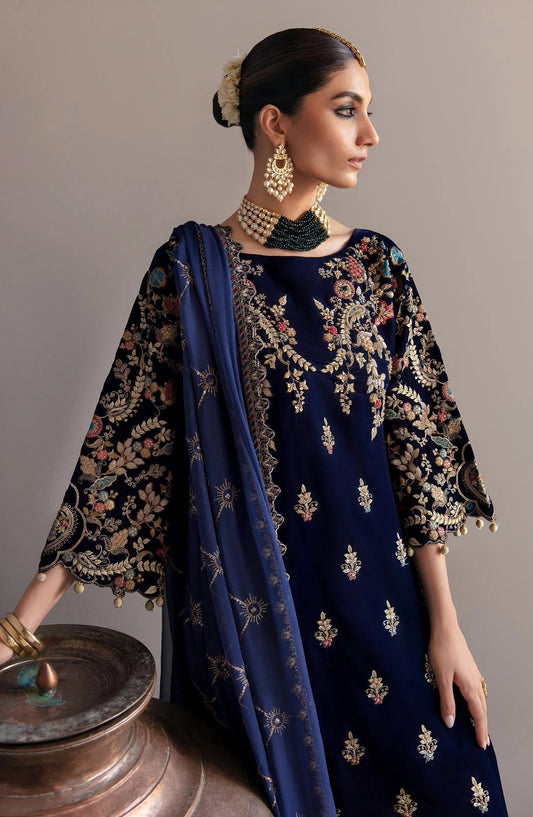 Emaan Adeel Velvet Unstitched Replica – Embroidered Chiffon Dupatta & Satin Silk Trouser