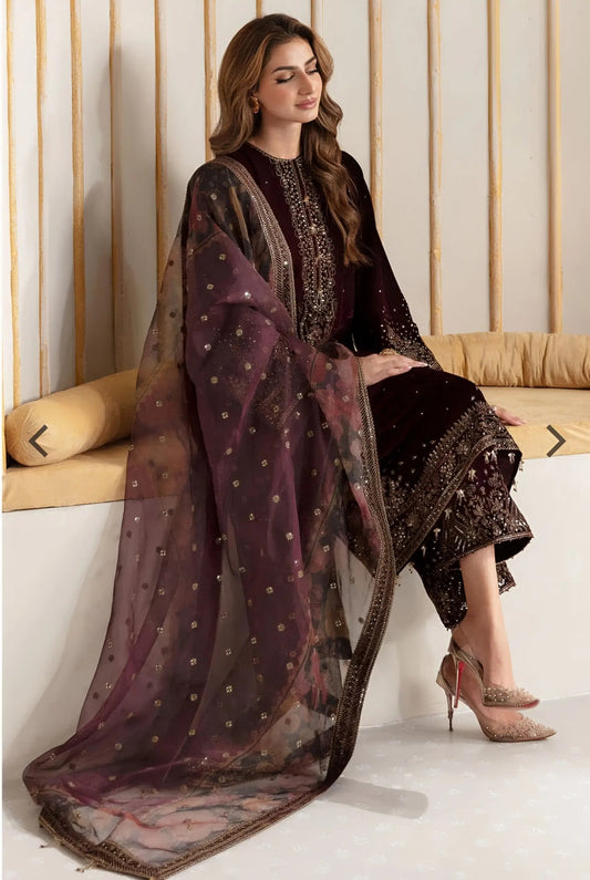 Jazmine Velvet Embroidered Unstitched 3-Piece Suit – Organza Dupatta & Silk Trouser