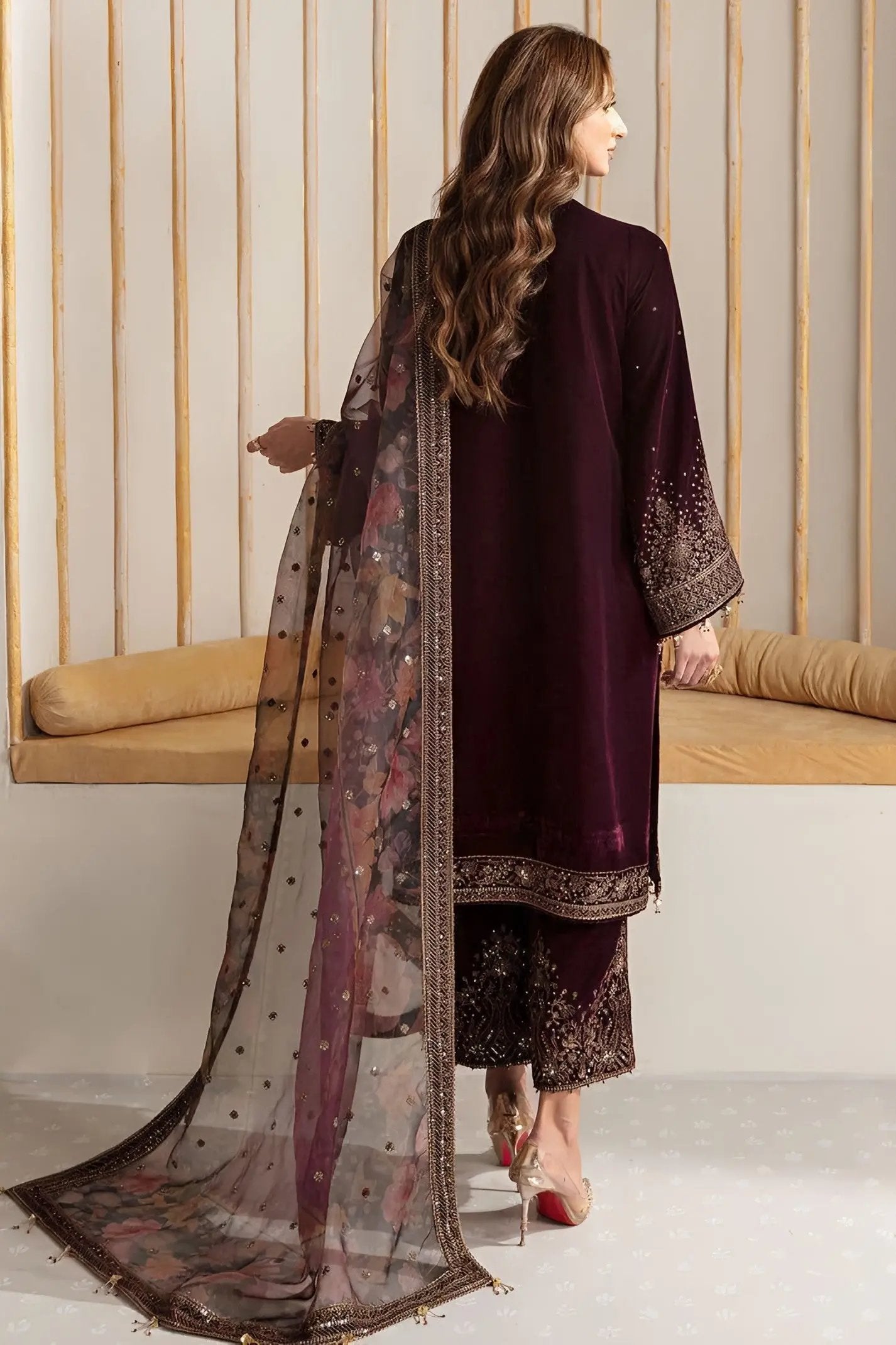 Jazmine Velvet Embroidered Unstitched 3-Piece Suit – Organza Dupatta & Silk Trouser