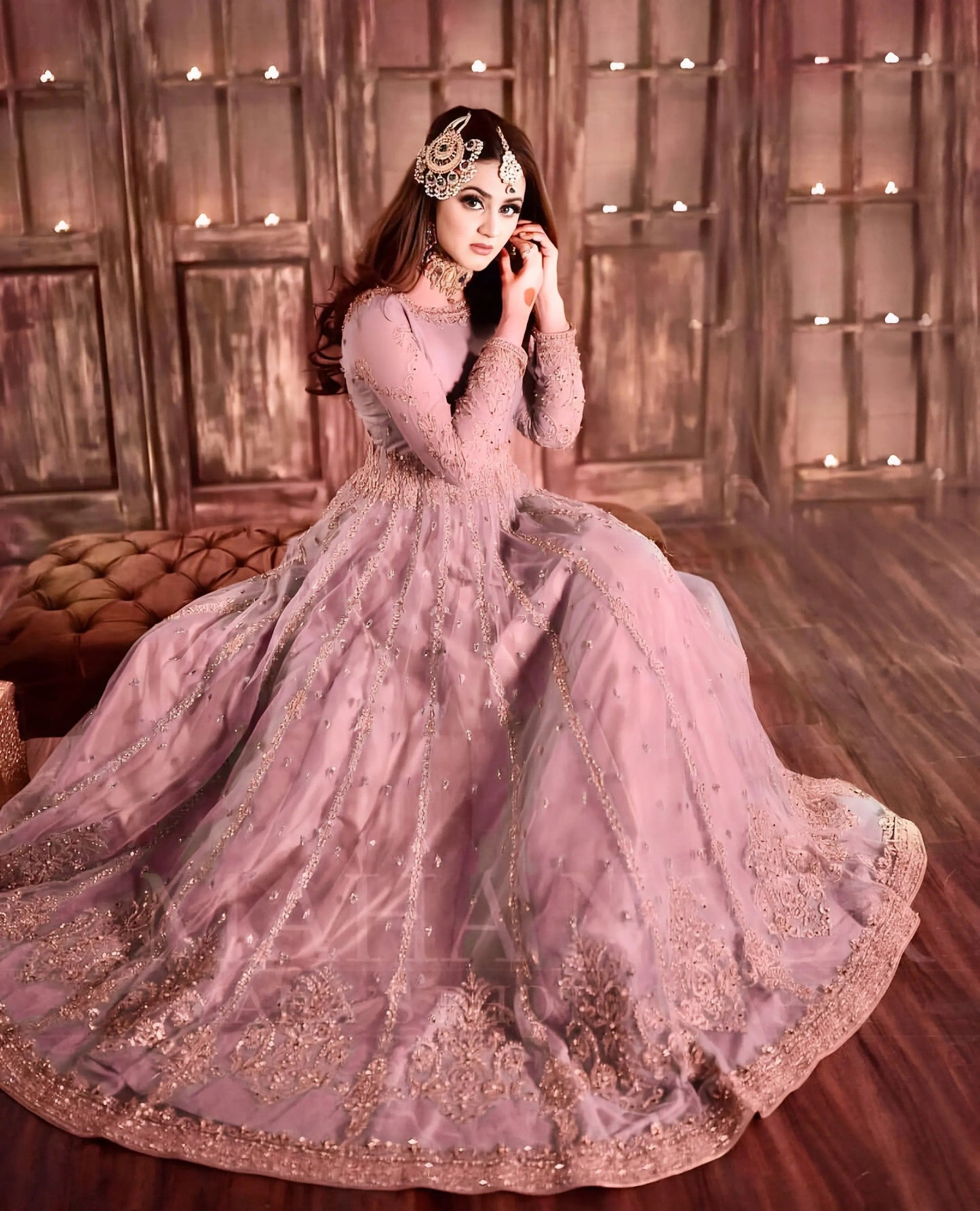 Hira Mani Ruedad e Sahr-A Blush Net Embroidered Long Frock – Mirror Work with Silk Trouser & Sequence Dupatta