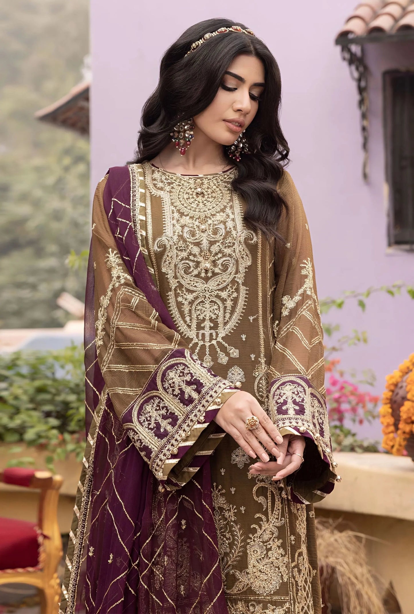 Ahmozi Adan Libas RANG-E-MEHFIL 012 – Heavy Embroidered Chiffon Unstitched 3-Piece Suit with Shamoz Silk Trouser
