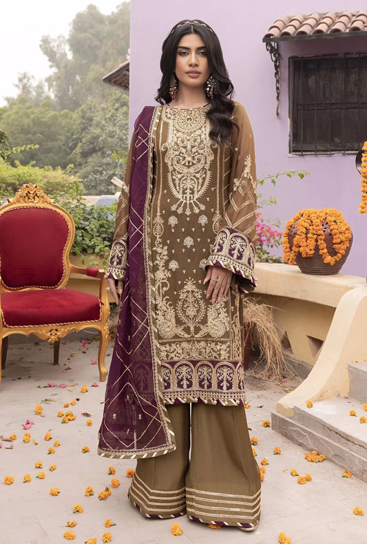 Ahmozi Adan Libas RANG-E-MEHFIL 012 – Heavy Embroidered Chiffon Unstitched 3-Piece Suit with Shamoz Silk Trouser