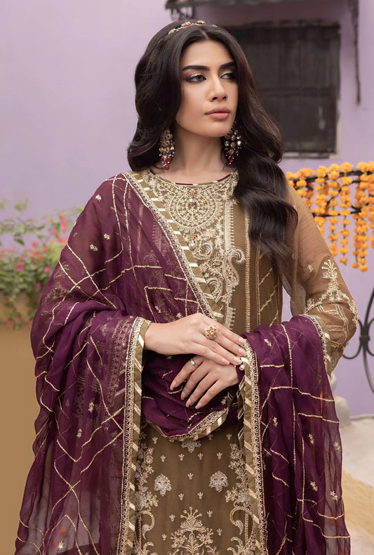 Ahmozi Adan Libas RANG-E-MEHFIL 012 – Heavy Embroidered Chiffon Unstitched 3-Piece Suit with Shamoz Silk Trouser