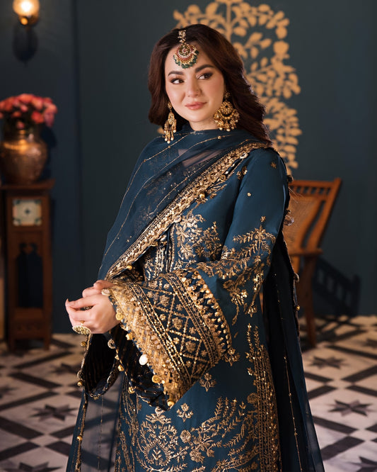 Asim Jofa Hania Amir Chiffon Embroidered Dress – Zari & Sequence Work with Malai Trouser