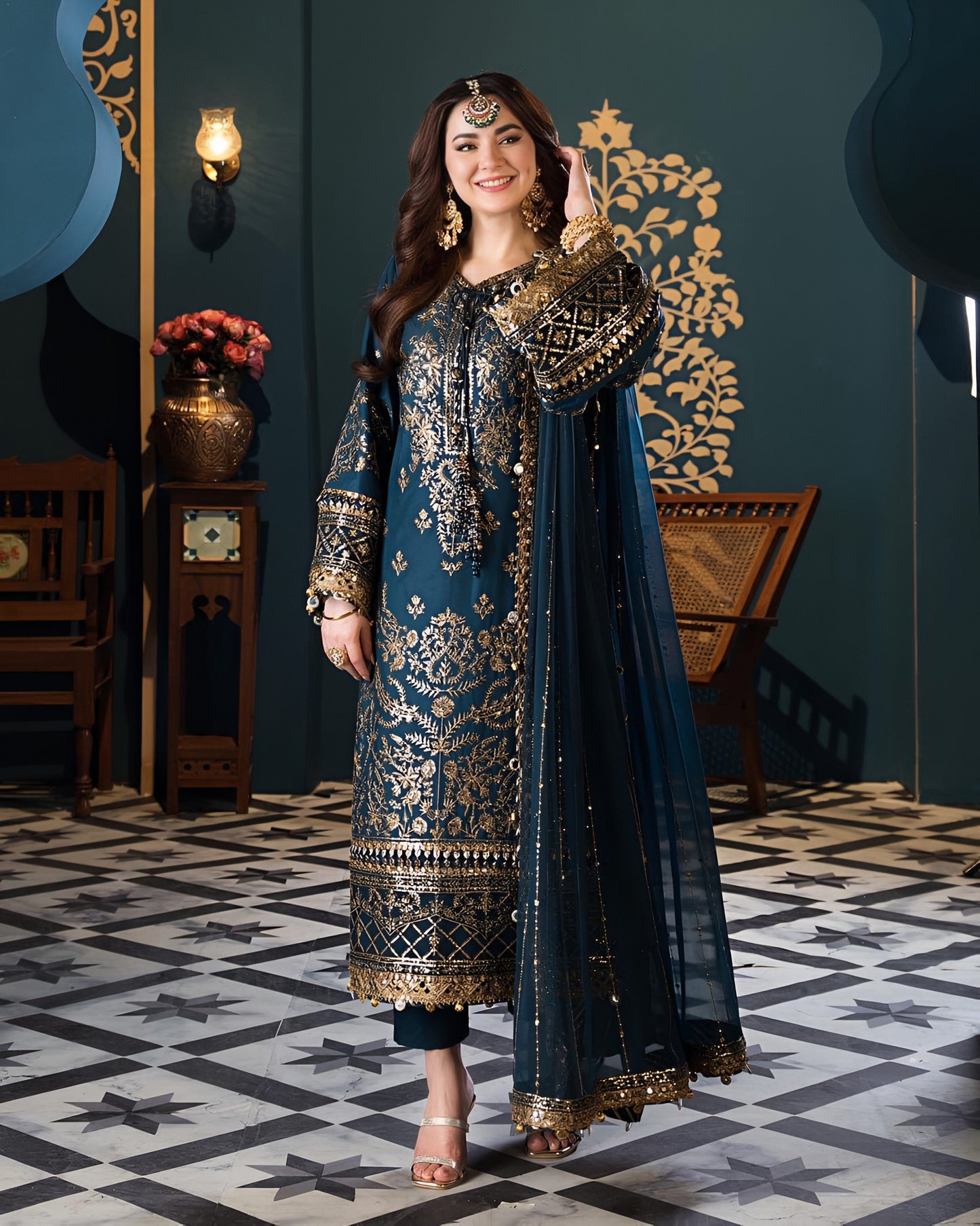 Asim Jofa Hania Amir Chiffon Embroidered Dress – Zari & Sequence Work with Malai Trouser