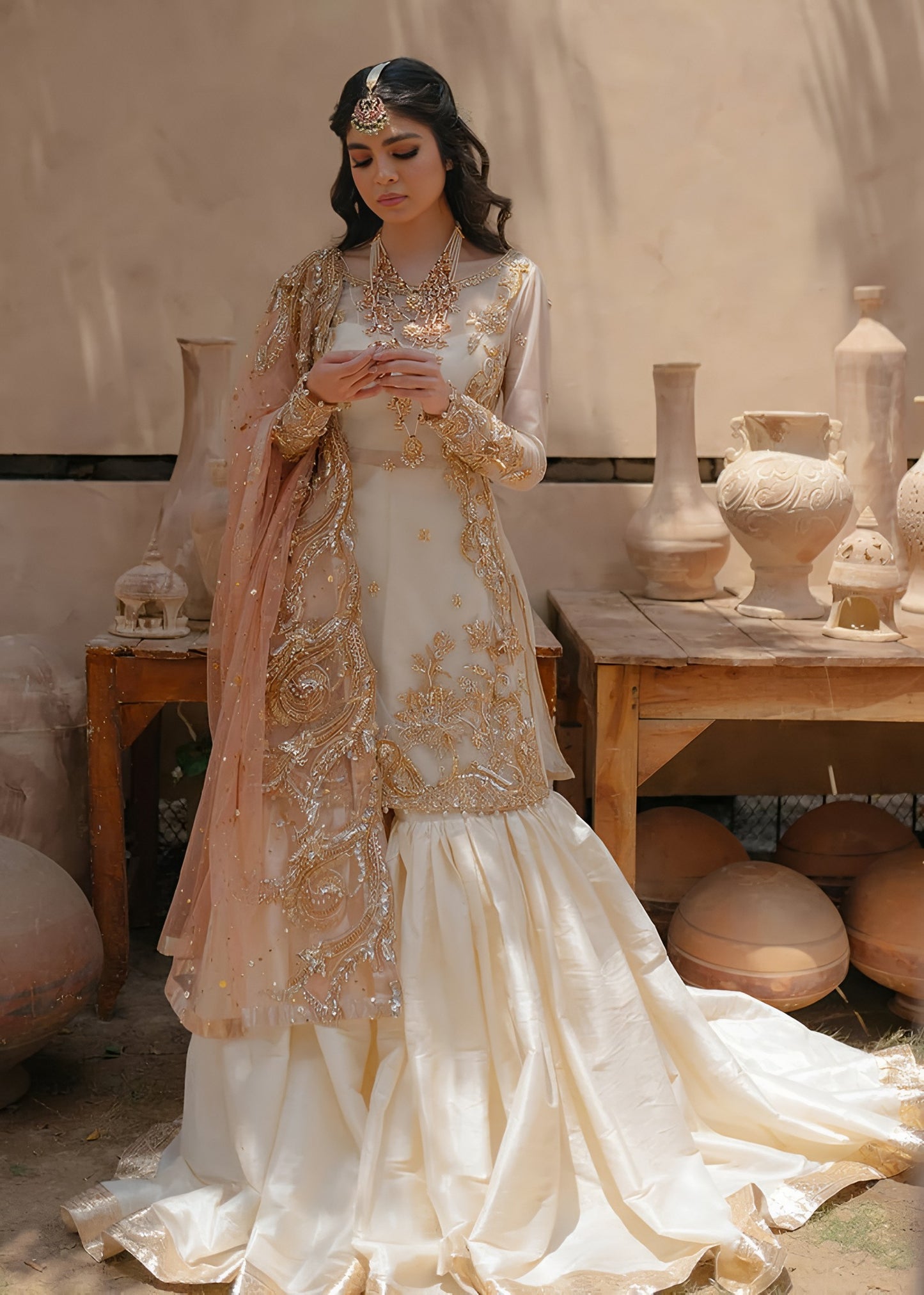 Nameera Wedding Wear – Full Organza Embroidered Dress with Net Dupatta & Silk Trouser
