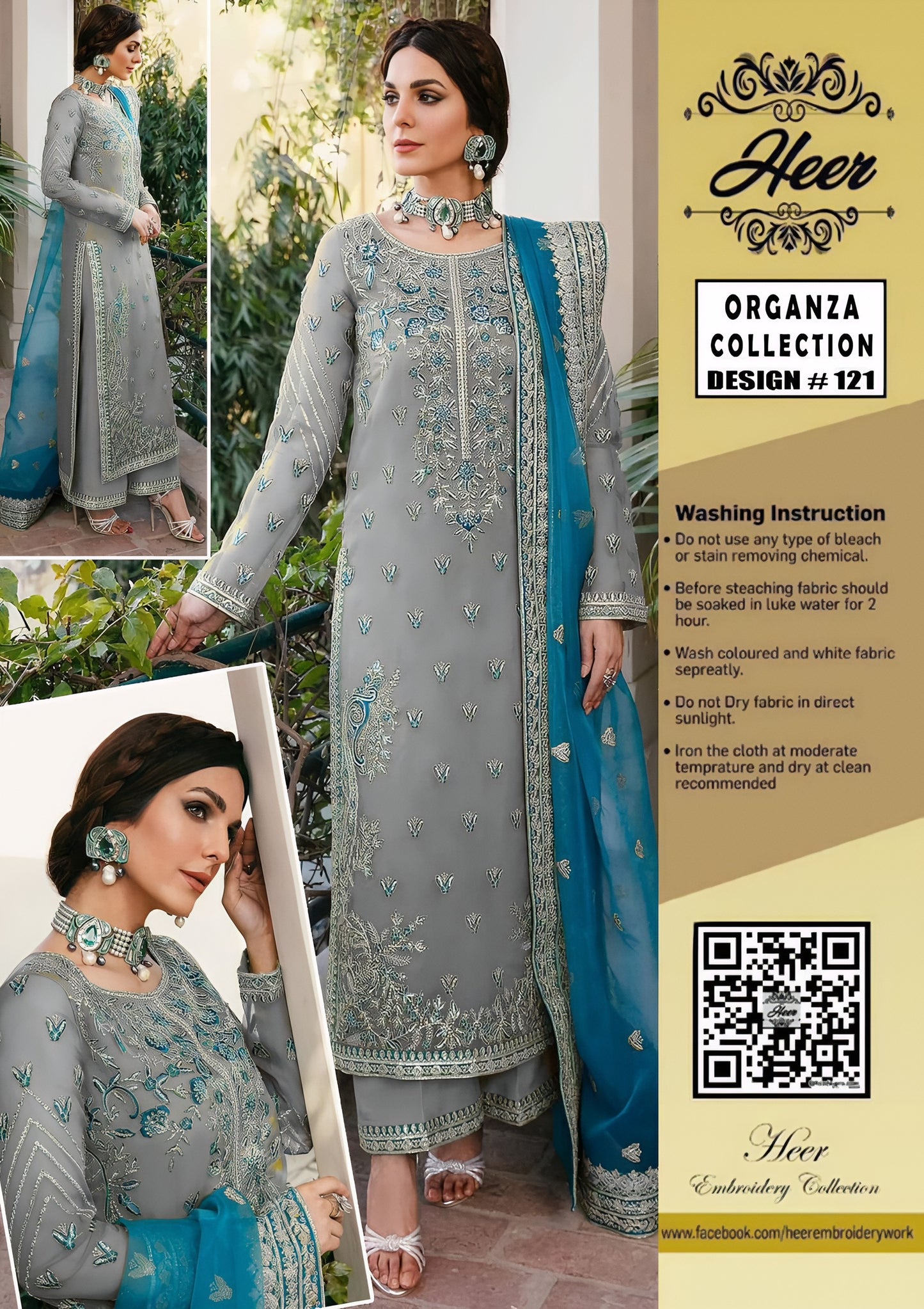 Heer Collection Wedding Design #121 – Heavy Embroidered Organza Dress with Adda Work & Malai Trouser