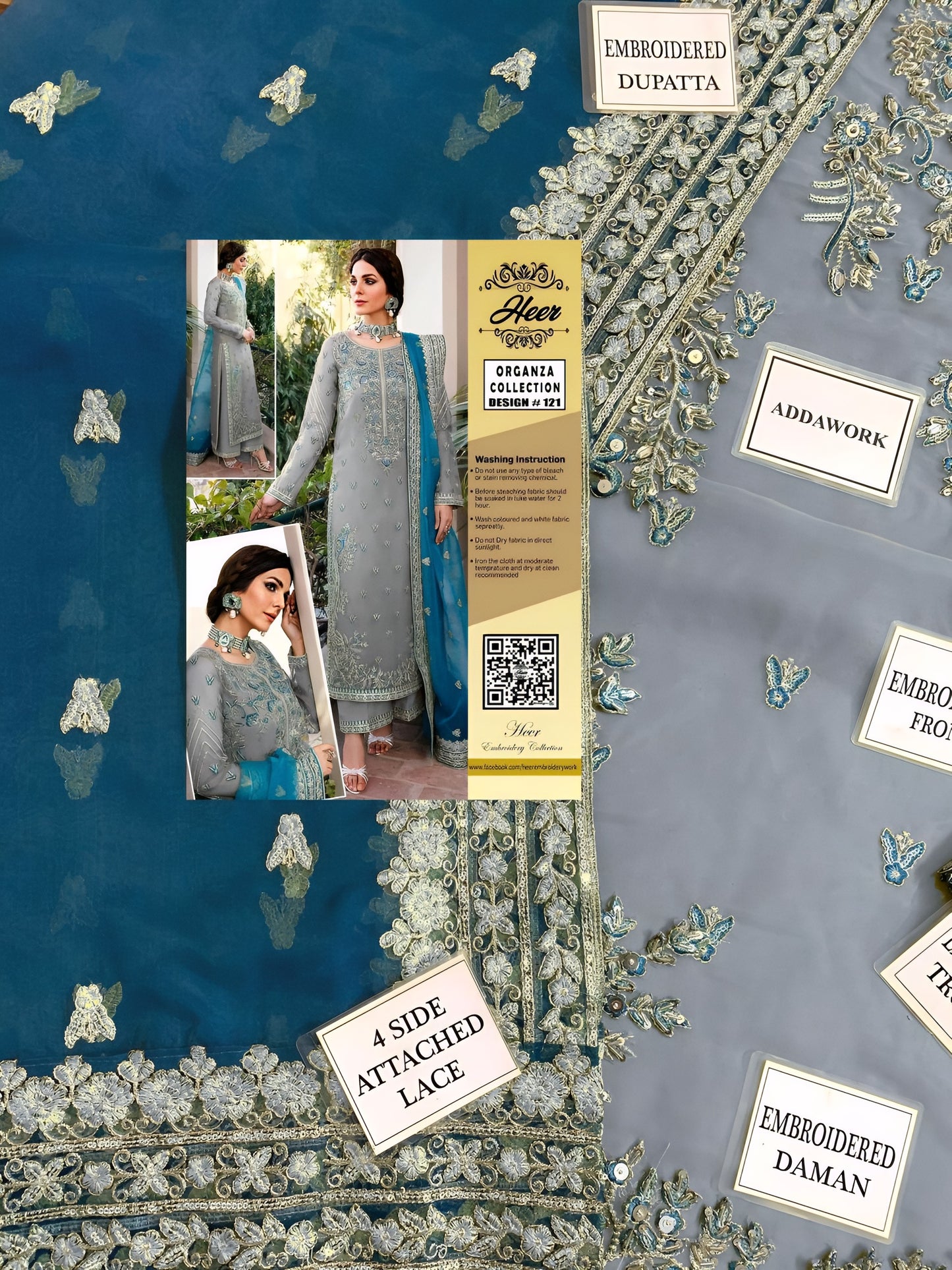 Heer Collection Wedding Design #121 – Heavy Embroidered Organza Dress with Adda Work & Malai Trouser