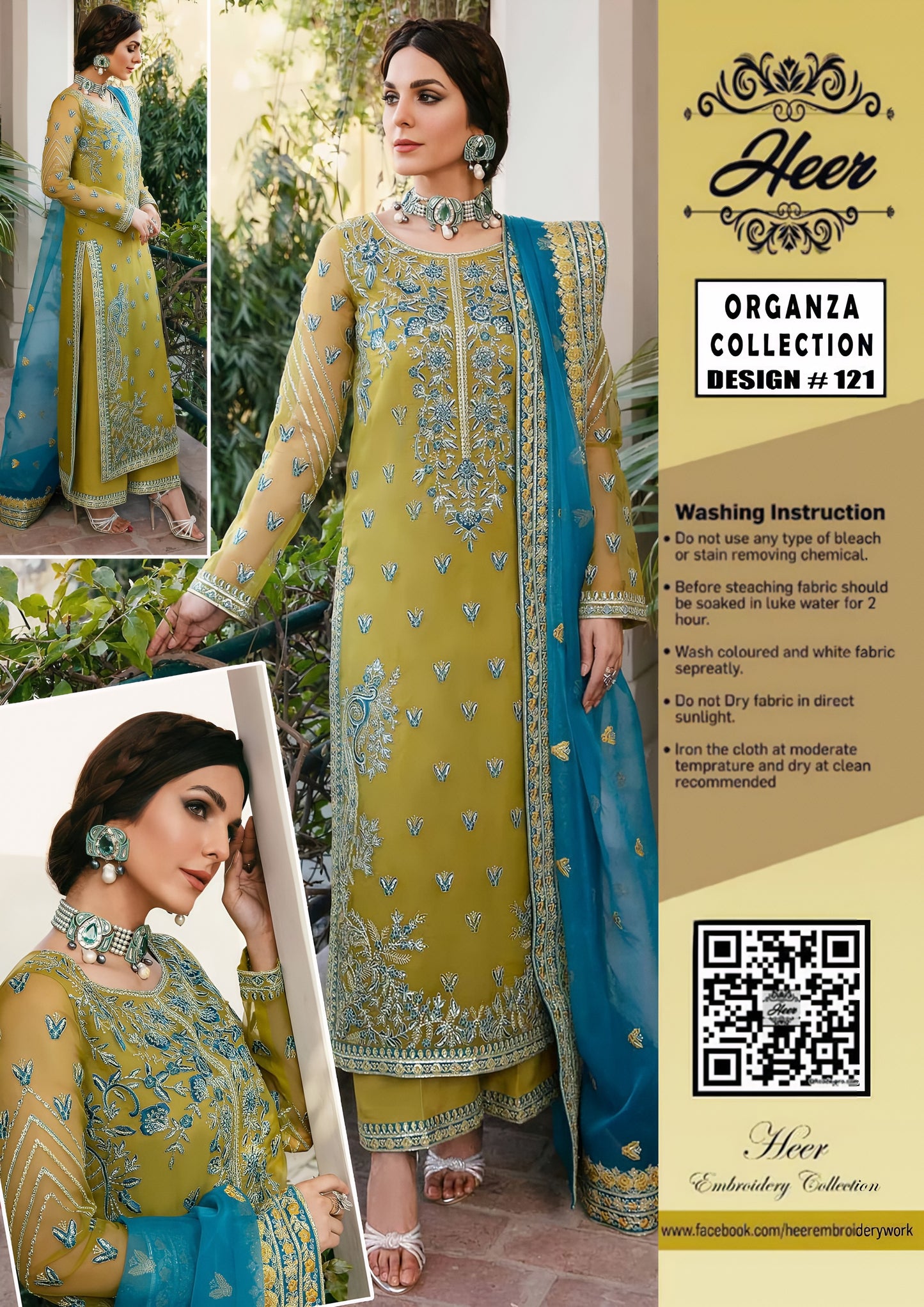 Heer Collection Wedding Design #121 – Heavy Embroidered Organza Dress with Adda Work & Malai Trouser